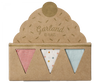 A cardboard package displaying three decorative fabric flags in red gingham, white with multicolor polka dots, and plain light blue tones. The package is labeled "Maileg Miniature Garland, 10