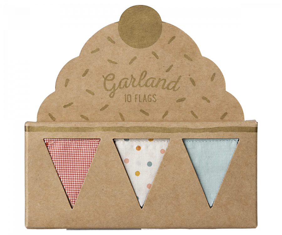 A cardboard package displaying three decorative fabric flags in red gingham, white with multicolor polka dots, and plain light blue tones. The package is labeled "Maileg Miniature Garland, 10