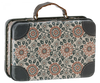 Maileg Suitcase, Small – This metal suitcase features a brown handle and is decorated with a charming floral pattern of red, white, and green flowers and leaves. Its dark gray reinforced corners add extra durability, making it perfect for gift storage or carrying small soft toys.