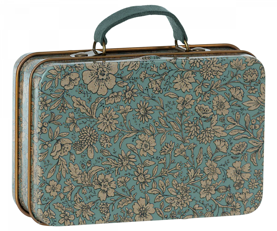 Introducing the Maileg Suitcase, Small—a charming metal suitcase adorned with a blue and beige floral pattern, sturdy metal edges, and a fabric handle. Perfect for storing small soft toys or presenting gifts in delightful style.