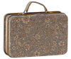 The Maileg Suitcase, Small features a vintage-style design with a brown floral pattern on a gray background and is topped with a fabric handle—perfect for gift storage or keeping small soft toys neatly organized.