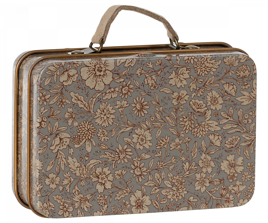 The Maileg Suitcase, Small features a vintage-style design with a brown floral pattern on a gray background and is topped with a fabric handle—perfect for gift storage or keeping small soft toys neatly organized.