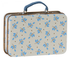The Maileg Suitcase, Small is a rectangular metal case featuring a blue handle, a cream background adorned with small brown dots, and blue floral branch patterns—ideal for gift storage or keeping small soft toys.