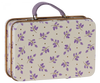 The Maileg Suitcase, Small is a rectangular metal case with a purple handle, designed with a cream background adorned with purple floral patterns and brown dots—perfect for storing gifts or carrying small soft toys.