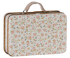 The Maileg Suitcase, Small is a rectangular metal case featuring a beige handle and a charming floral pattern with pink, yellow, and green flowers and leaves on a white background—ideal for gift storage or carrying small soft toys.