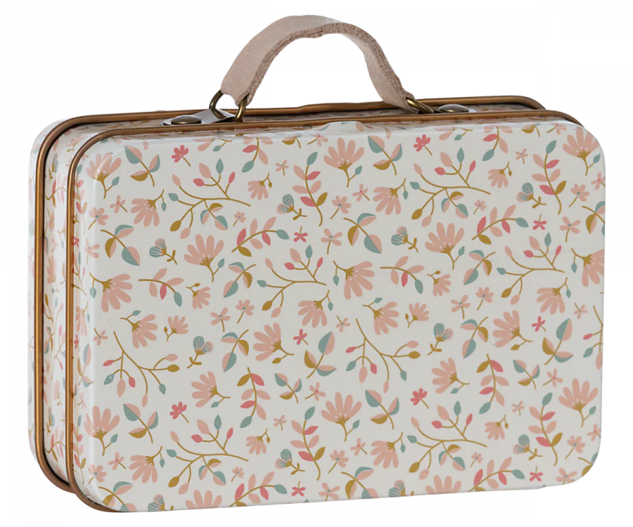 The Maileg Suitcase, Small is a rectangular metal case featuring a beige handle and a charming floral pattern with pink, yellow, and green flowers and leaves on a white background—ideal for gift storage or carrying small soft toys.