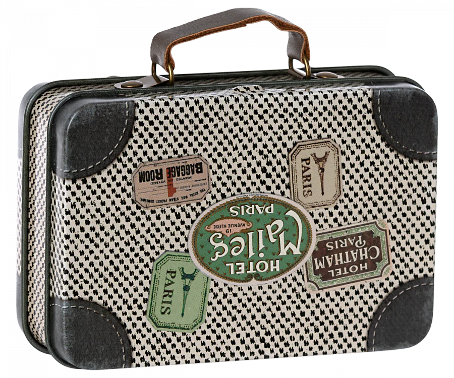 A charming vintage-style Maileg Suitcase, Small, crafted from patterned metal with leather corners and a brown handle, featuring travel stickers labeled “Paris,” “Baggage Room,” and “Hotel Majestic Paris” on the front—perfect for storing small soft toys or as delightful gift packaging.