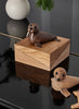 Spring Copenhagen Wally animal figurines, one resembling a seal and the other a dog from an Arctic family, displayed on a wooden block with a glossy black surface reflecting their images.