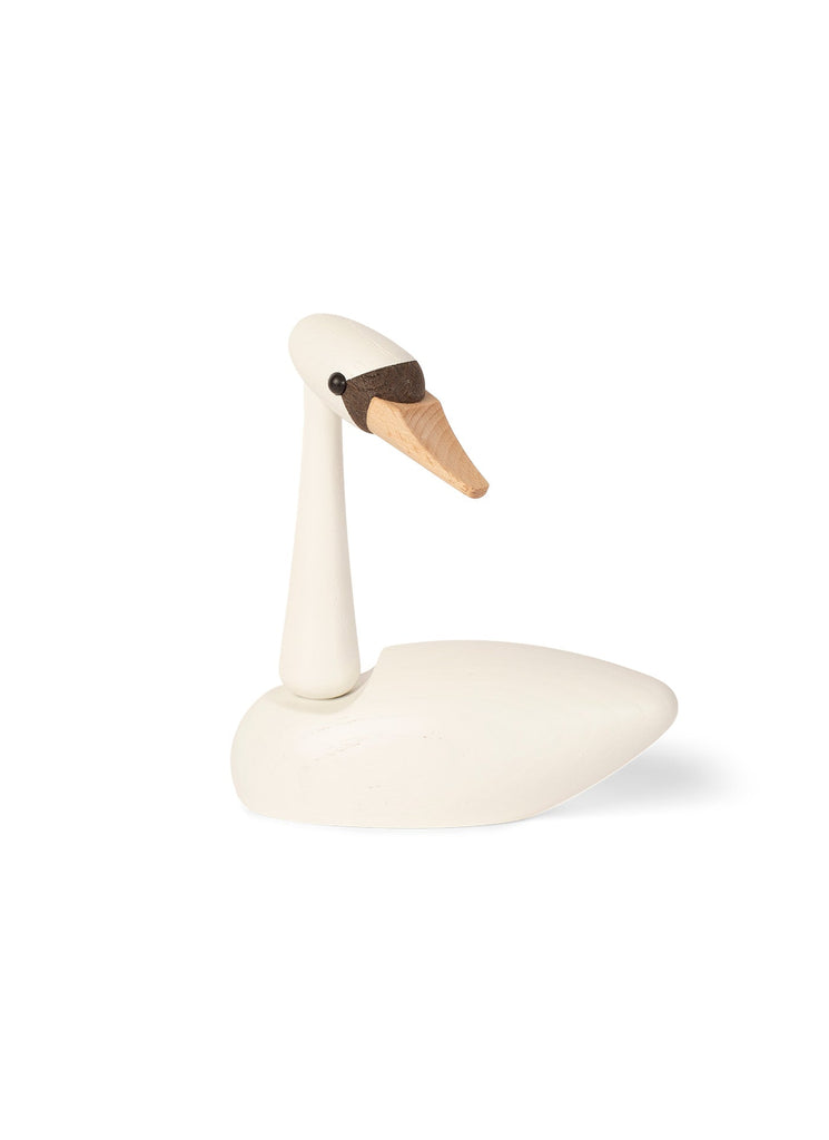 A minimalist Spring Copenhagen The Cygnet (white) figure with a streamlined body and elongated neck, painted primarily in white with a black beak accent, displayed against a plain white background.