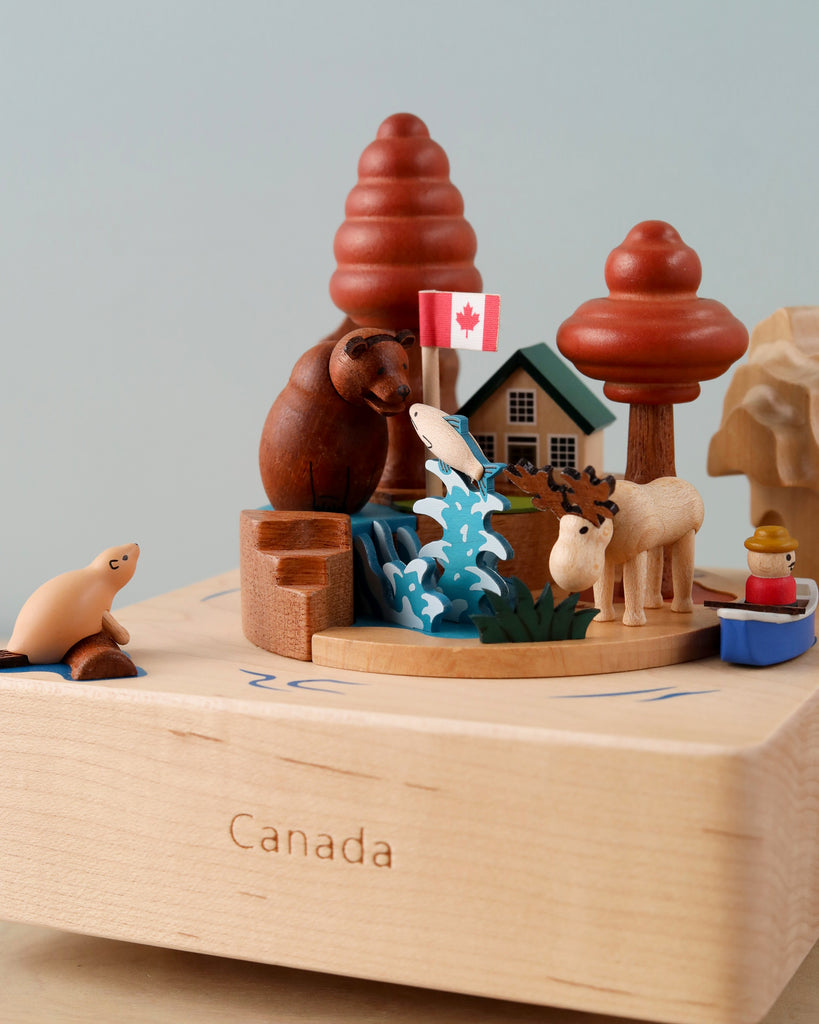 wooden music box with iconic Canadian scenery 