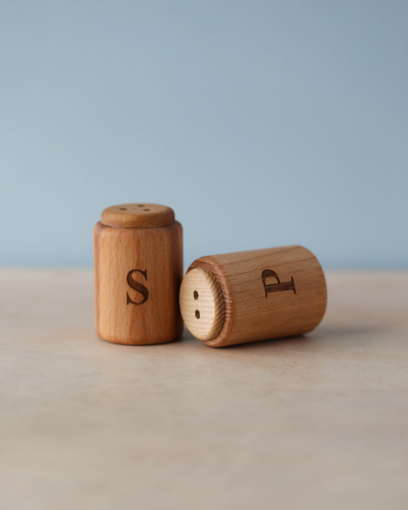 Wooden salt shaker standing and wooden pepper shaker laying. Natural color counter and light blue background. 