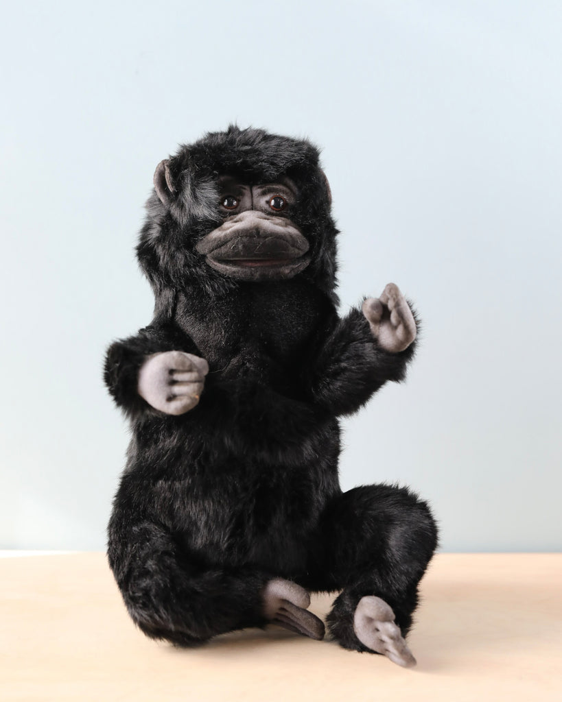 A Gorilla Puppet resembling a realistic black chimpanzee with a humanoid face and raised hands, displayed against a light blue and white background.