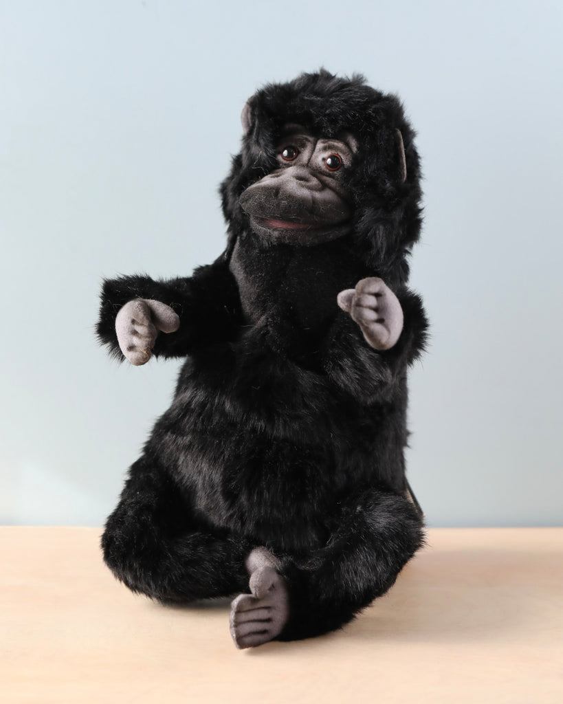 A plush toy resembling a sitting gorilla puppet with expressive eyes and a detailed face, exuding a unique personality, set against a plain blue backdrop.