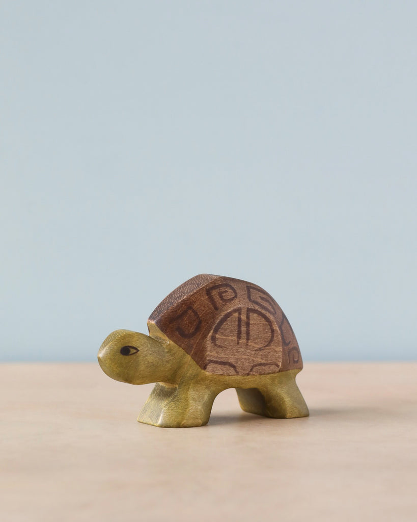 A small Handmade Holzwald Turtle toy with intricate patterns on its shell, standing against a plain blue background with a subtle shadow.