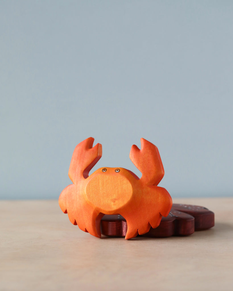 A high-quality Handmade Holzwald Crab toy with prominent eyes painted on, resting on a plain surface against a soft blue background. The crab is in an open stance with its claws raised.