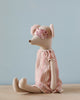 A Maileg Medium Mouse in Nightgown doll wearing a pink striped dress and a floral, reversible sleeping mask, sitting upright against a light blue background. The mouse has a small, pointed nose and large round ears.