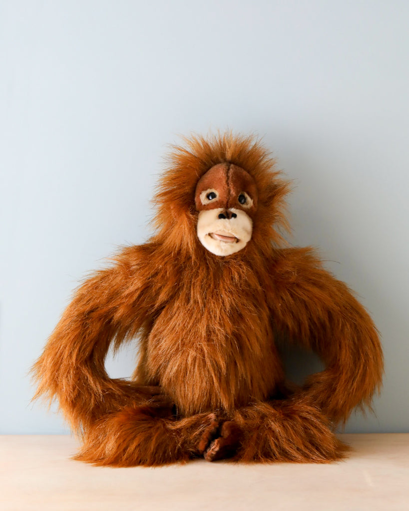 A Orangutan Stuffed Animal with long brown fur sitting against a pale blue background, displaying a friendly expression with wide eyes and a slight smile.