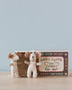 Sentence with product name: Two small, Maileg Twin Baby Mice In Matchbox standing next to a vintage matchbox labeled "the newborn twins". The background is plain with a soft blue hue.