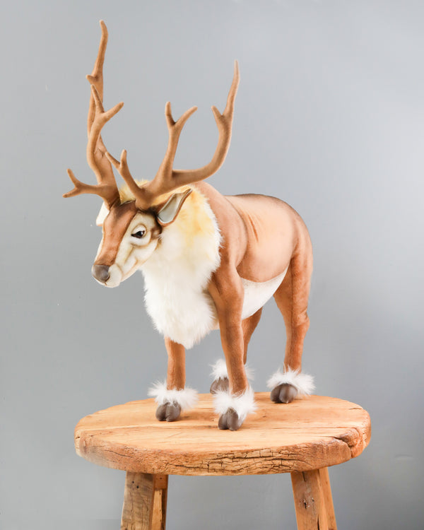 A realistic Medium Reindeer Stuffed Animal with large antlers standing on a wooden stool against a gray background.