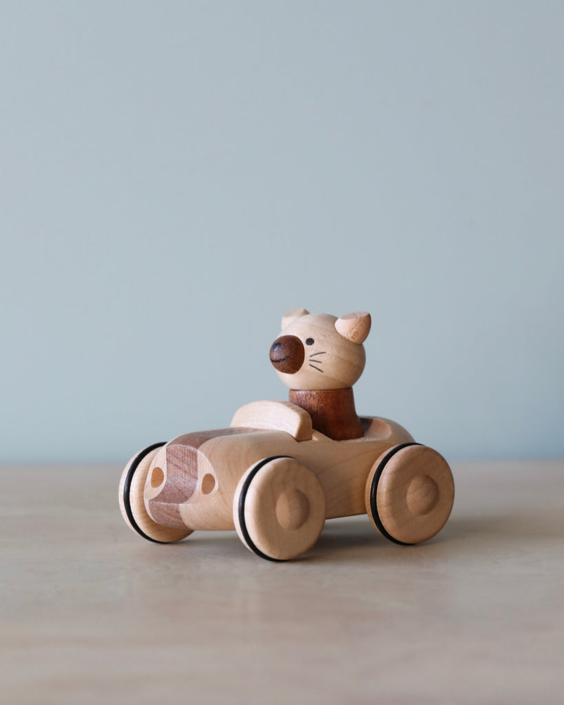 Wooden car toy with a cat as the driver. 