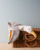 A Senger Naturwelt Cuddly Animal - Seagull toy lying on top of a wicker basket with a light blue wall background. The toy has fluffy gray and white fur and an orange beak.