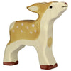 A handcrafted wood figurine of a fawn stands upright. Made in Europe, the Holztiger Fawn has a light tan body with white spots on its back, darker brown accents on its ears and hooves, and a slightly upturned head with a small nose and joyful expression—a perfect addition to your HOLZTIGER figures collection.