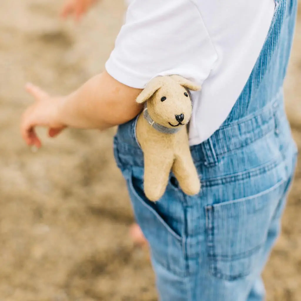 A child in denim dungarees holds a Hand Felted Wool Golden Retriever Dog tucked into their back pocket, standing on a sandy area with a slightly blurred background.