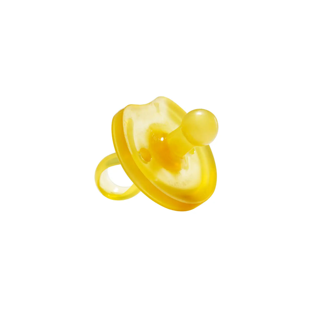 A yellow Natursutten Butterfly pacifier with a silicone nipple, cut in half to reveal its interior, isolated on a white background.