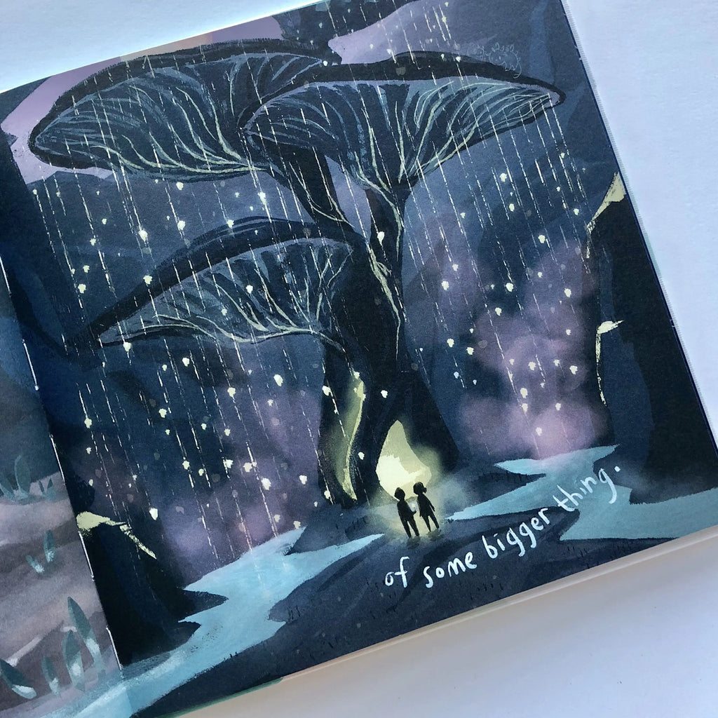 Illustration from the Let's Go Explore Book showing two small explorers standing under large, mystical trees with expansive canopies, amidst a backdrop of glowing particles and the phrase "of some bigger thing.