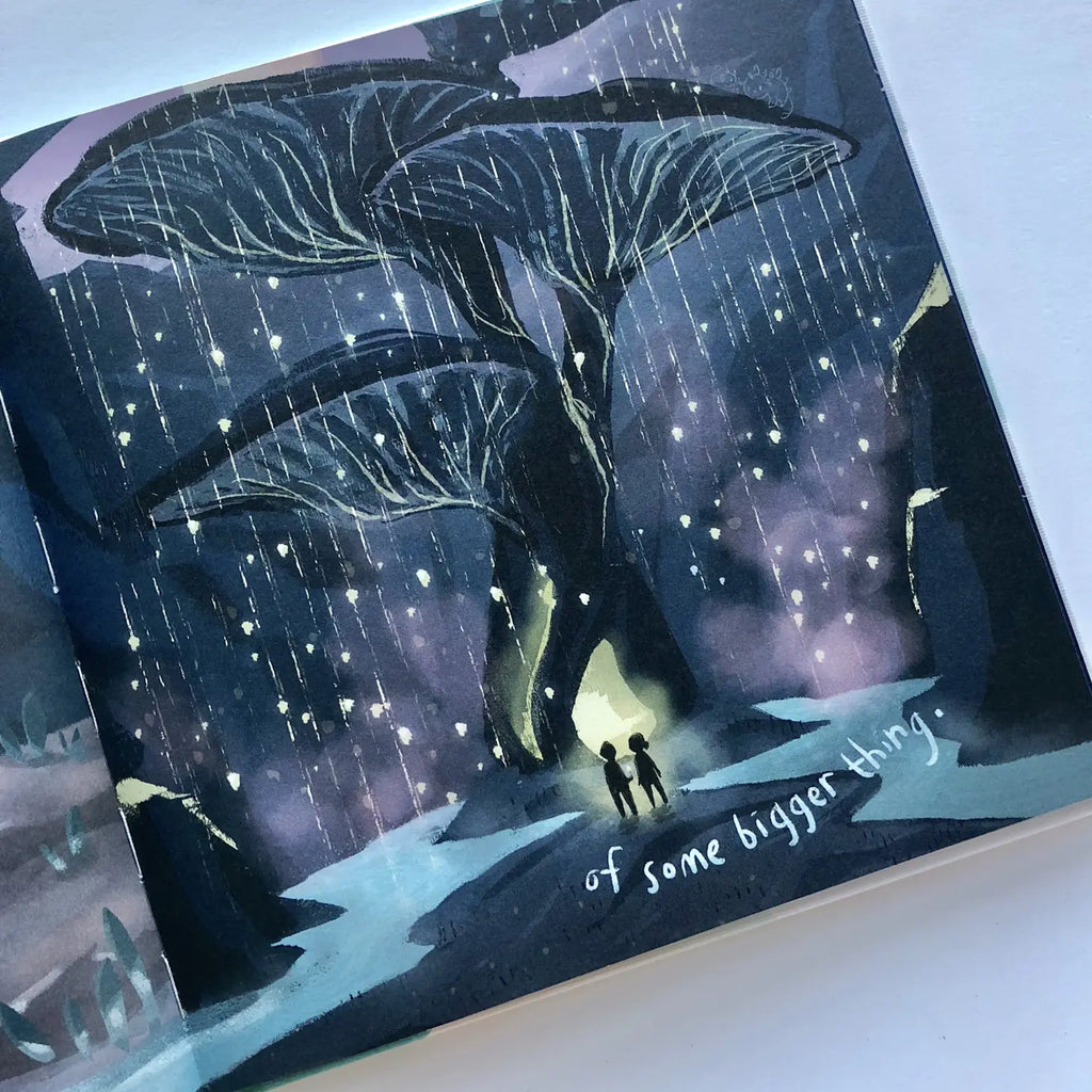 Illustration from the Let's Go Explore Book showing two small explorers standing under a large, intricately branched tree in a mystical, starlit forest. Soft lights float around, with the text "of some".