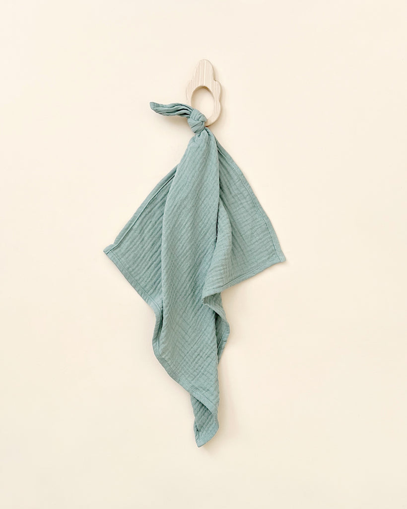 A light green Organic Muslin Lovey tied to a wooden hanger against a pale beige background. The cloth is draped loosely and has a textured appearance.
