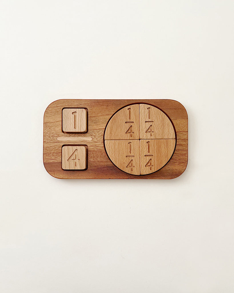 Wooden Fraction Puzzle - Made in USA tic-tac-toe game set against a plain background, designed as a visual learning tool, featuring x and o pieces stored neatly in compartments beside the playing grid.