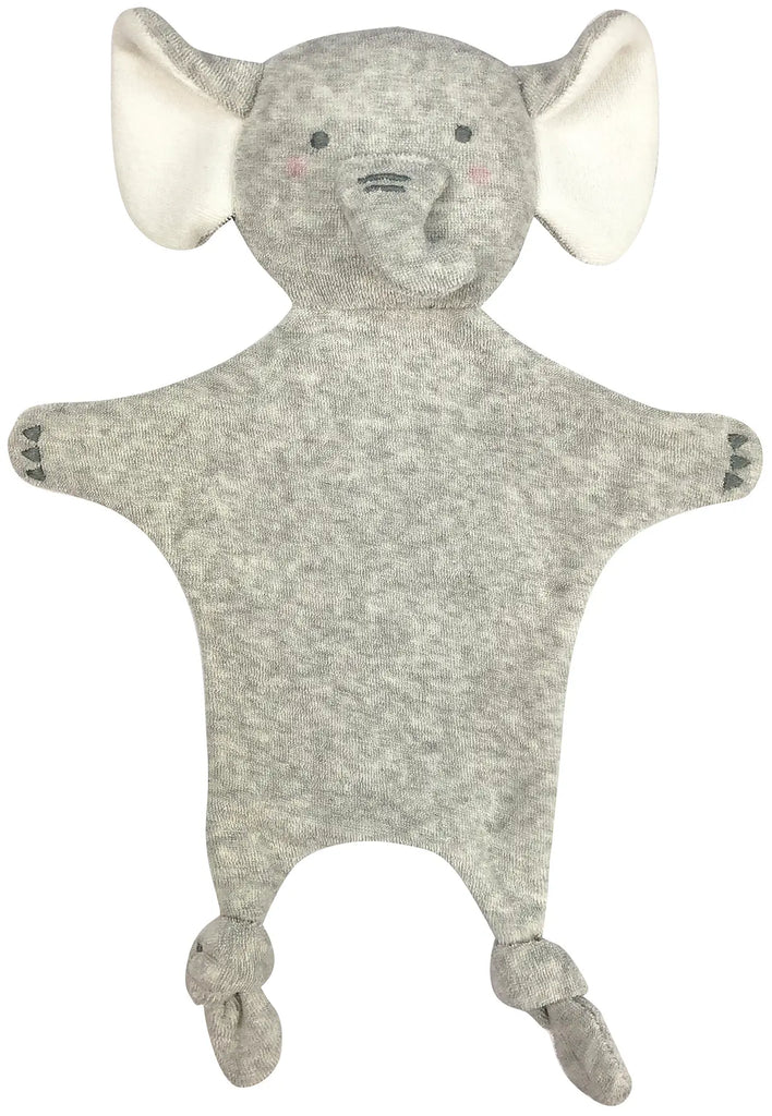 A plush Elephant Lovey toy handmade with organic cotton, featuring a gray body, large floppy ears, and small pink stitched eyes. The toy has knot details at the hands and feet.