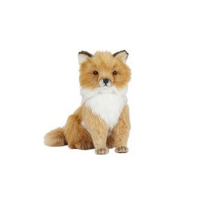 A small Sitting Fox stuffed animal with realistic features, primarily orange and white, sits upright and looks directly at the viewer against a plain white background.