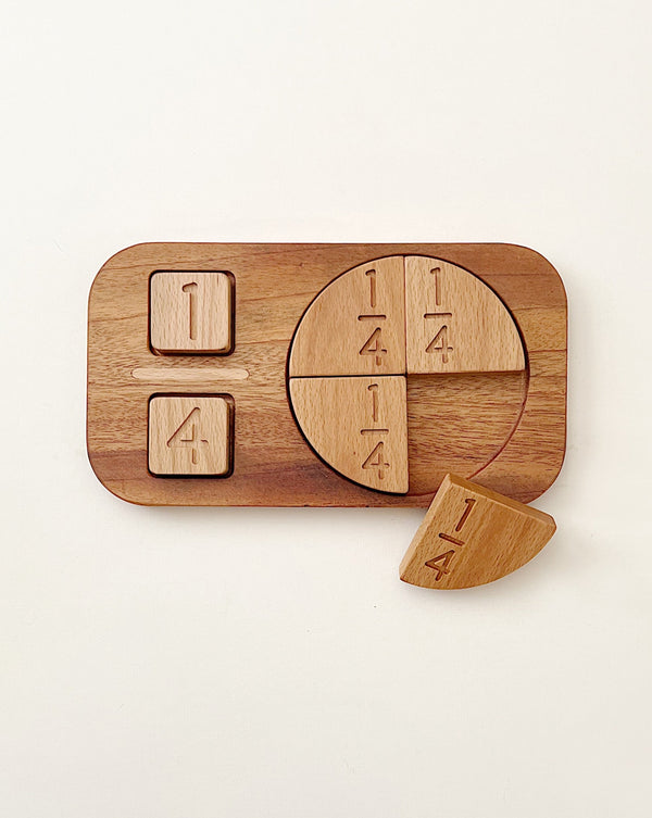 A Wooden Fraction Puzzle - Made in the USA designed for preschoolers, depicting a circle divided into four parts, each labeled with fractions (1, 1/4, 1/2, 1/4), alongside.