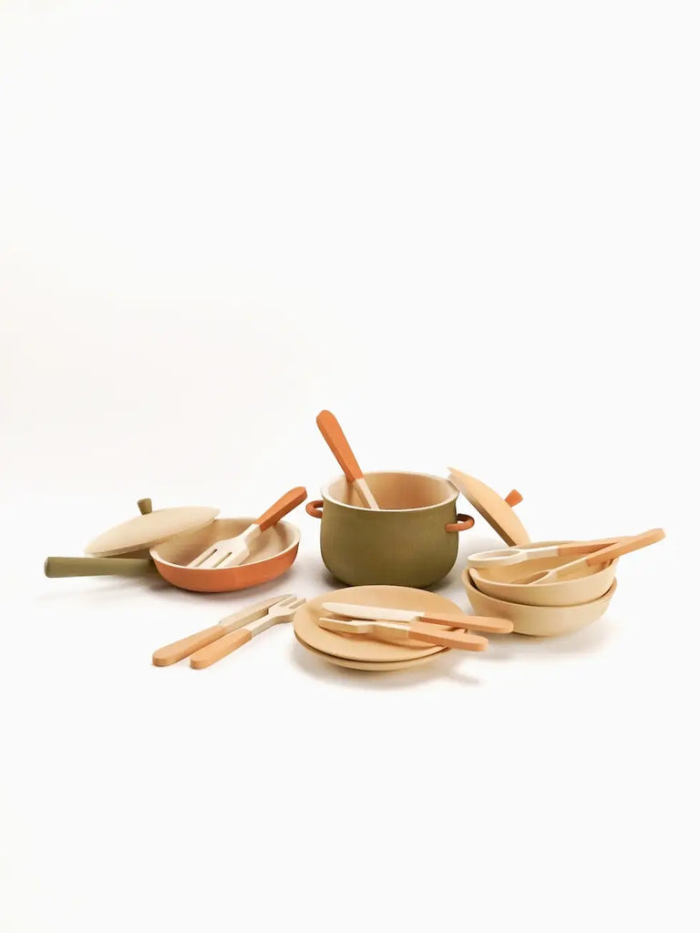 A set of beige Handmade Wooden Kitchen Essentials - Herbal with wooden handles and matching utensils displayed on a plain white background.