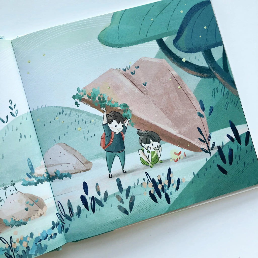 Illustration from Let's Go Explore Book of two young explorers journeying through a colorful forest, with one child pointing at a small animal, amidst large rocks and vibrant greenery.