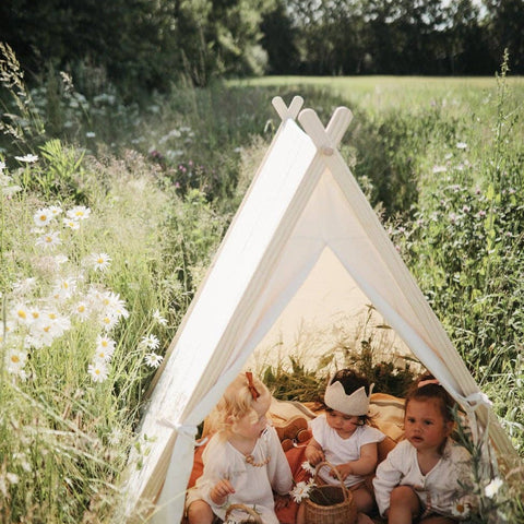 Three young children inside the Fisher-Price Kid's Indoor/Outdoor Play Tent in a lush meadow, surrounded by wildflowers under a sunny sky. They are dressed in light outfits, sharing a relaxed picnic moment.