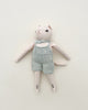 Handmade Polka Dot Club Cat in Hand Knit Overalls with hand embroidered features, lying flat on a light background.