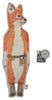 An embroidered patch shaped like a Coral & Tusk Fox Pocket Doll, designed with a camera around its neck and a satchel at its side, in orange, white, and grey threads. A separate small camera patch is