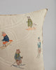 Coral & Tusk Downhill Skiers Pillow featuring embroidered illustrations of animals skiing on a gray background. The detailed embroidery motif shows a raccoon, bear, cat, and owl, all depicted in whimsical winter attire.