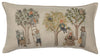 Decorative Coral & Tusk Orchard pocket pillow featuring embroidery of whimsical cats dressed in human clothes, engaging in activities like picking apples and sitting in trees, set against a neutral background. This design is part of the "Fall" collection.