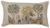 Decorative pillow from the Coral & Tusk Orchard Pocket Pillow featuring a whimsical embroidery design of various anthropomorphic animals engaging in activities around and within fruit trees.