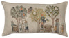 A Coral & Tusk Orchard Pocket Pillow featuring an embroidered scene with anthropomorphic animals engaging in various activities around three trees, such as climbing, sitting, and carrying baskets.