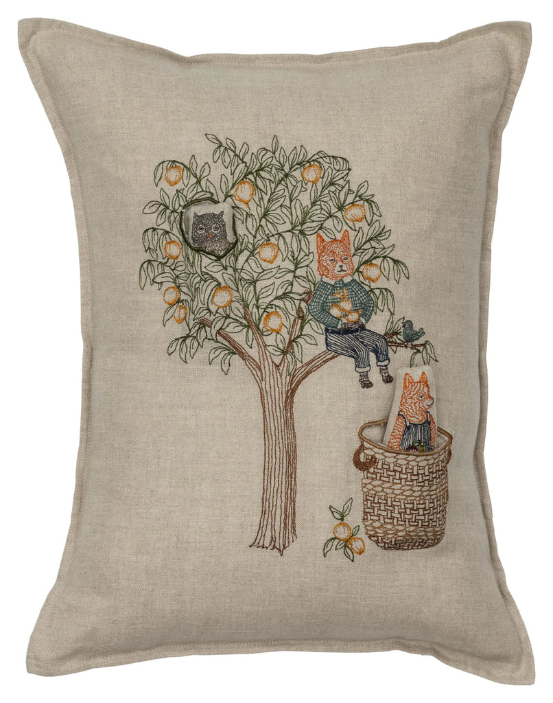 Coral & Tusk Peach Tree Pocket Pillow featuring an embroidered design of three cats sitting in and around a peach tree, with one cat in the tree, another on a branch, and a third in a basket.