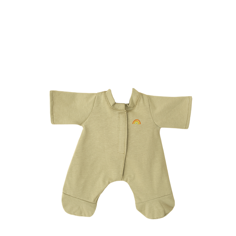 A green cotton baby onesie with long sleeves, featuring a small rainbow emblem on the chest, displayed against a plain black background. The product is Olli Ella | Dinkum Doll Extra Clothing.