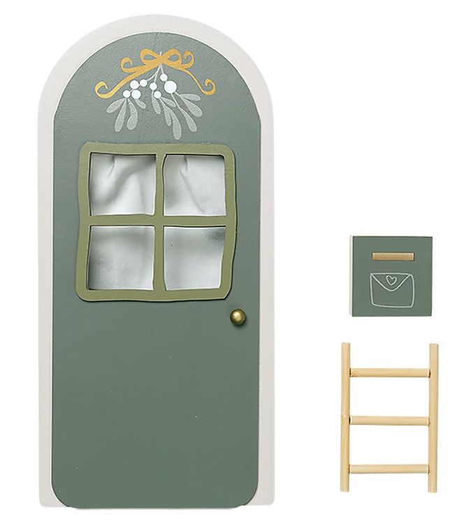 Presenting the Light-Up Elf Door: a captivating decorative piece in vibrant green featuring a window, a golden knob, and a mistletoe design at the top. Above its small ladder is an enchanting mailbox with an envelope icon. This delightful setup brings whimsy and character to any space.