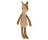 A small deer stuffed animal photographed on a flat background.