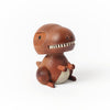 A Wooden T-Rex Bobblehead with a smiling face and a zipper for a mouth, standing upright on a plain white background. Its body is rotund with a light brown belly, and it has small