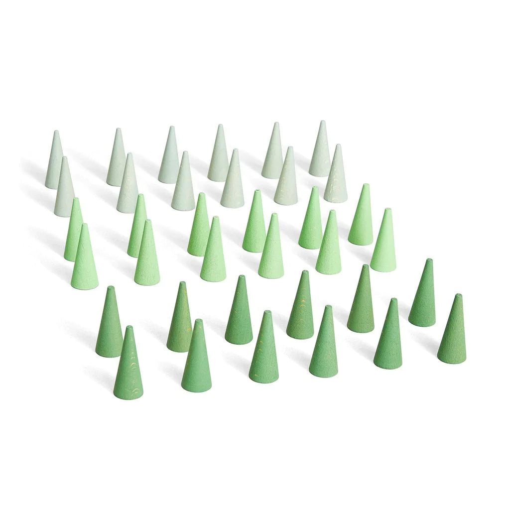 An arrangement of multiple green, cone-shaped Grapat Mandala Green Cones set out in a triangular grid pattern on a white background.